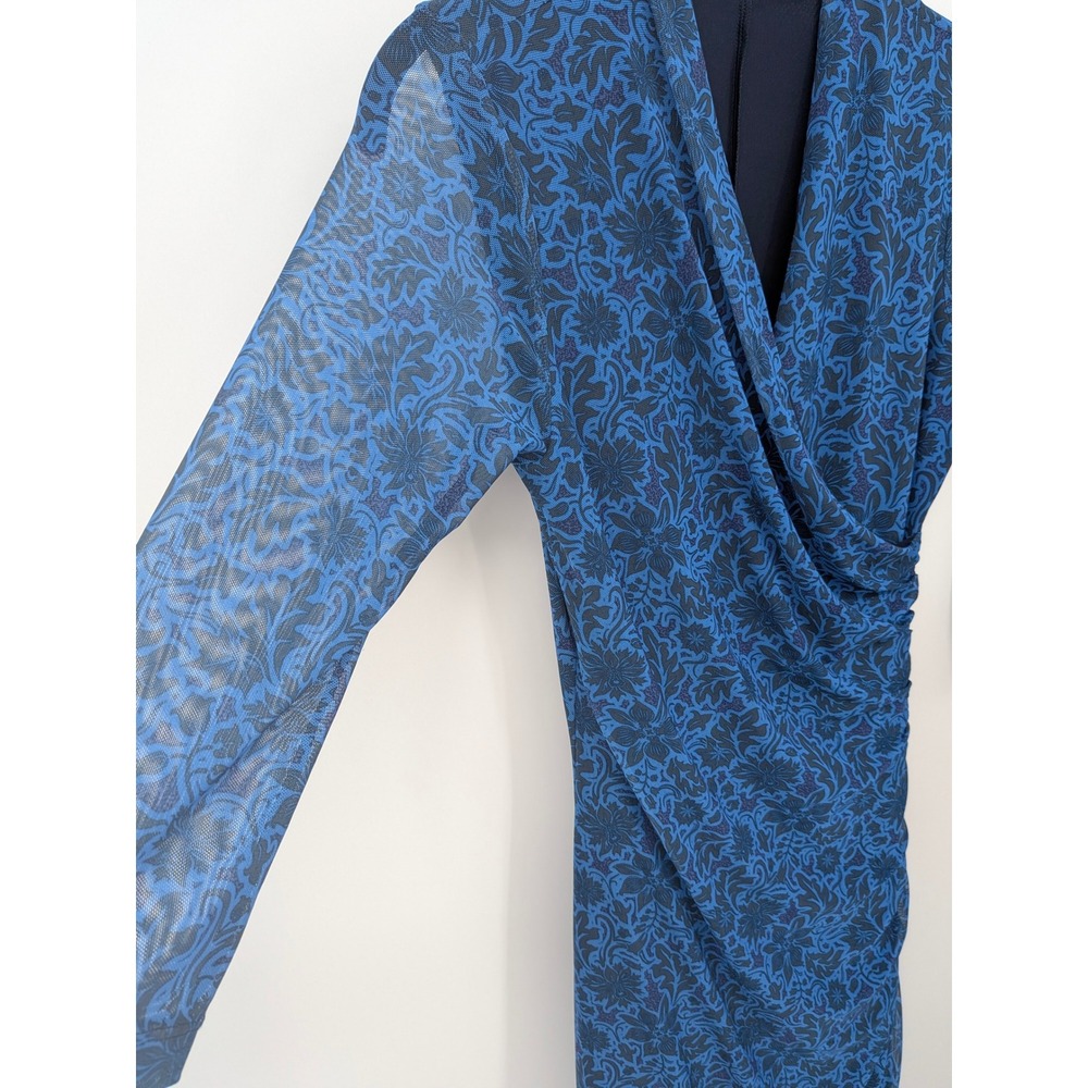 Betabrand Faux Wrap Midi Dress Women Medium Blue Floral Mesh Ruched 3/4 Sleeve - Picture 2 of 7